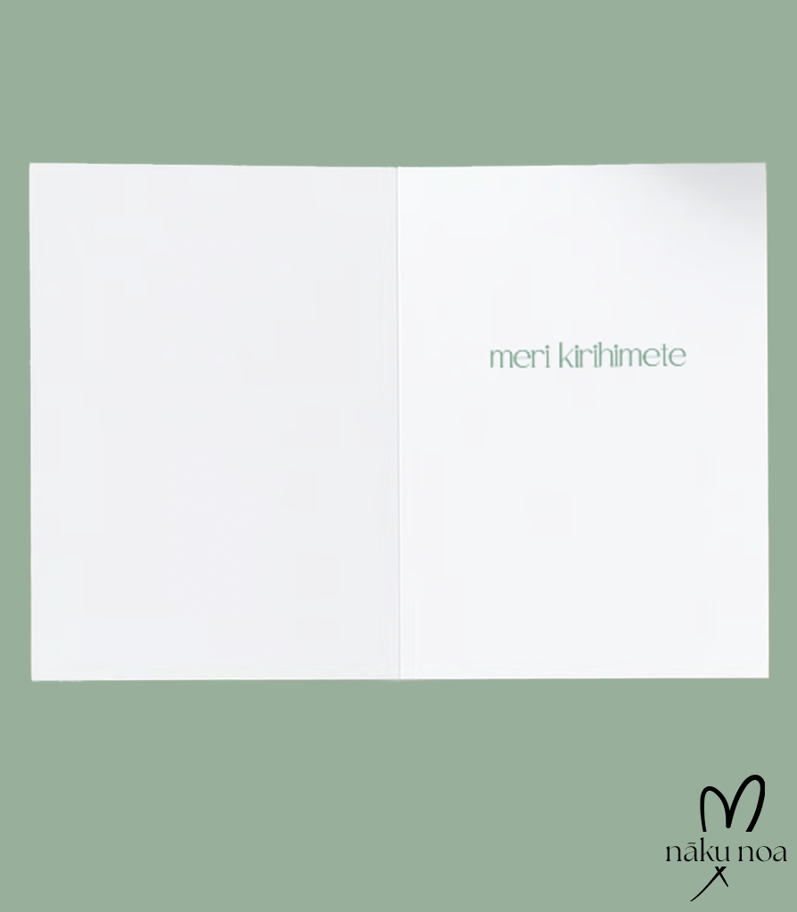 Te Reo Māori Christmas card in sage green, a flat lay shown of the inside of the cards reads Meri Kirihimete inside in sage green font