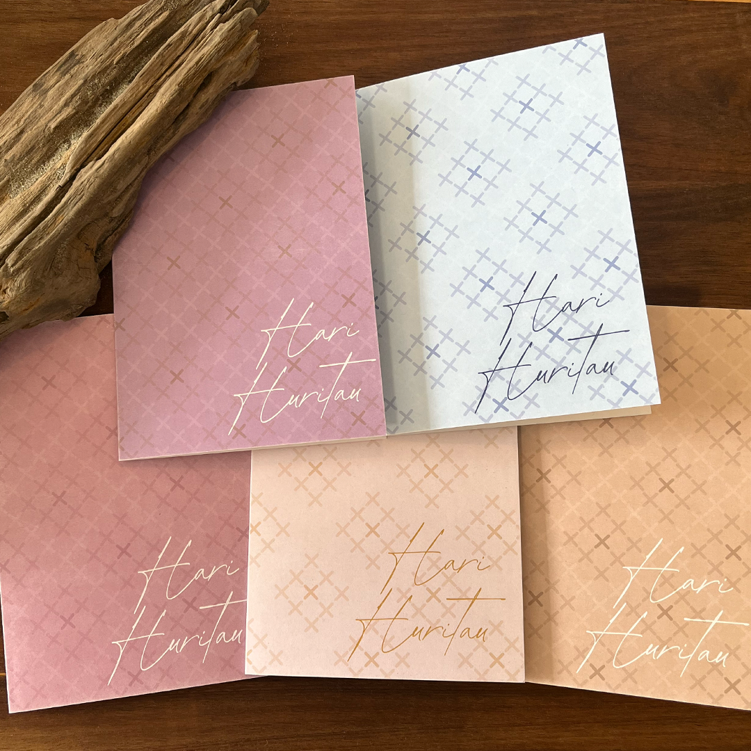 Te Reo Māori birthday card, inspired by traditional pātikitiki pattern. Reads Hari Huritau