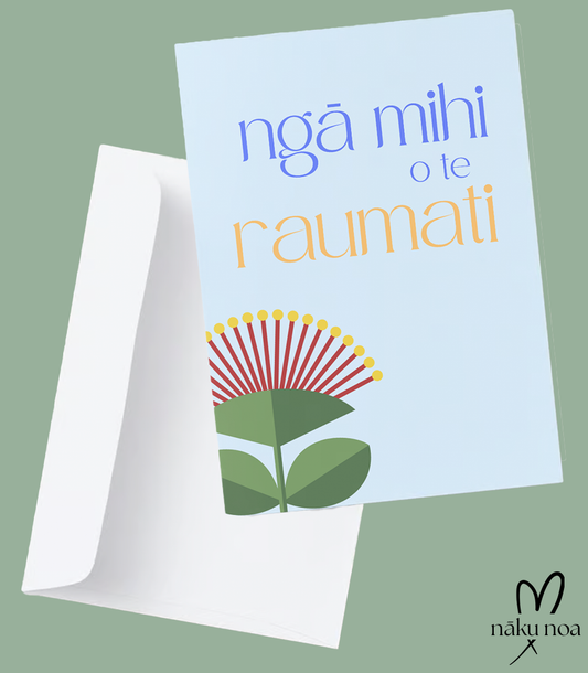 Te Reo Māori Christmas card in sky blue, reads "Ngā mihi o te raumati" on the front with a bright coloured pōhutukawa flower, a symbol of Christmas in New Zealand